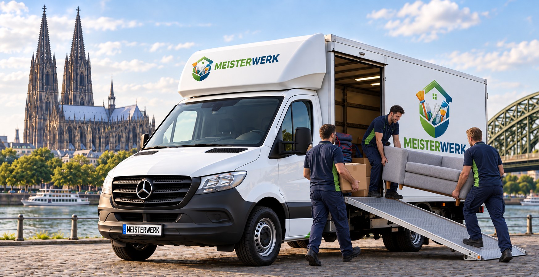 Meisterwerk-Team lädt Möbel vor dem Kölner Dom